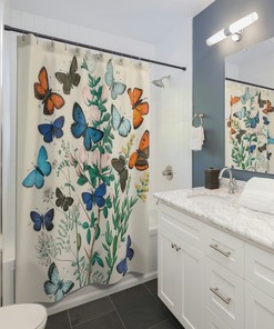 Vintage Butterfly and Shabby Chic Boho Shower Curtain with Floral Design