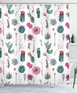 Vintage Cactus Shower Curtain, Botanical Pattern with Arrows Feathers Succulent Twigs Print in Multicolor Bathroom Decor
