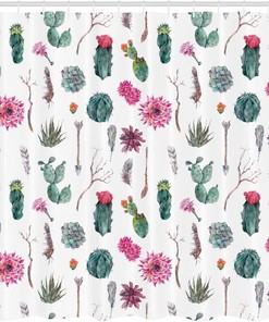 Vintage Cactus Shower Curtain, Botanical Pattern with Arrows Feathers Succulent Twigs Print in Multicolor Bathroom Decor