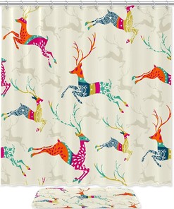 Vintage Christmas Elk Shower Curtain with Printed Fabric | Bathroom Decor