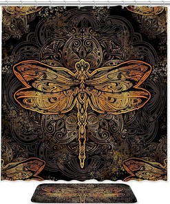 Vintage Dragonfly Shower Curtain with Microfiber Accents - Brown Bathroom Decor