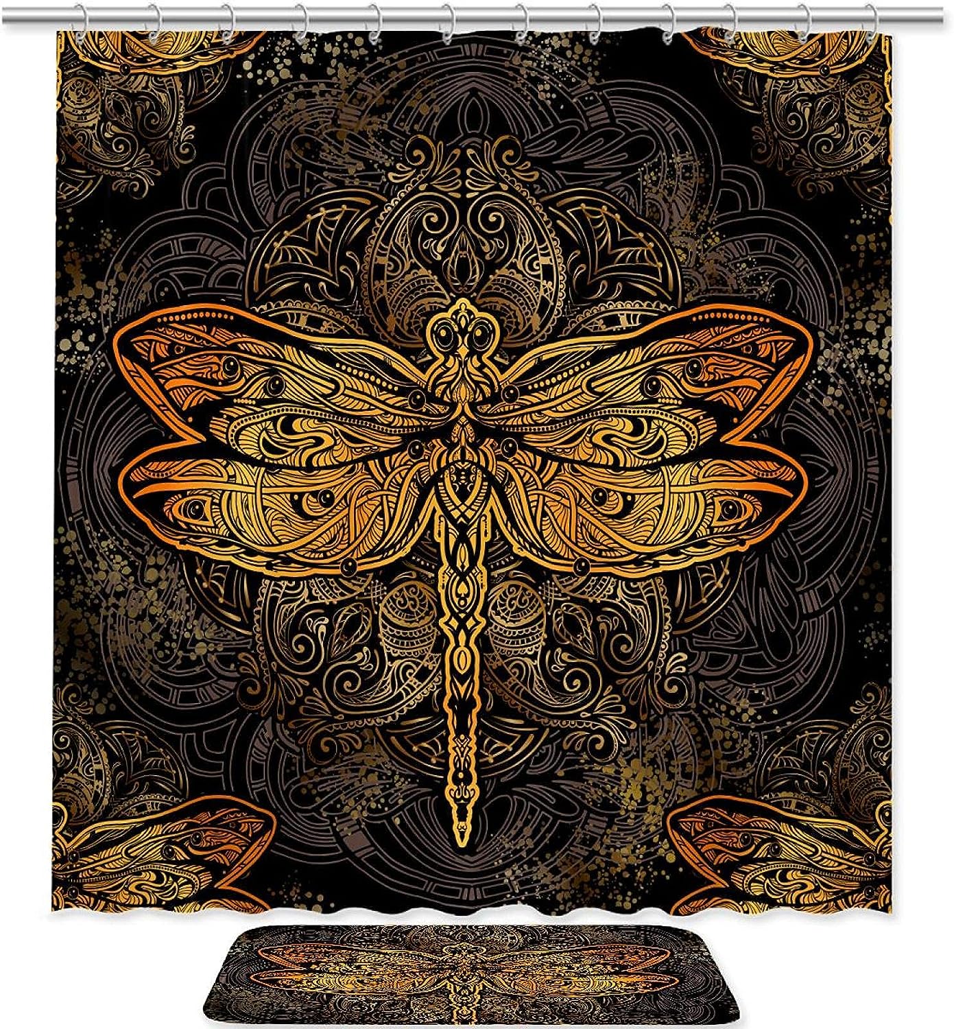 Vintage Dragonfly Shower Curtain with Microfiber Accents - Brown Bathroom Decor