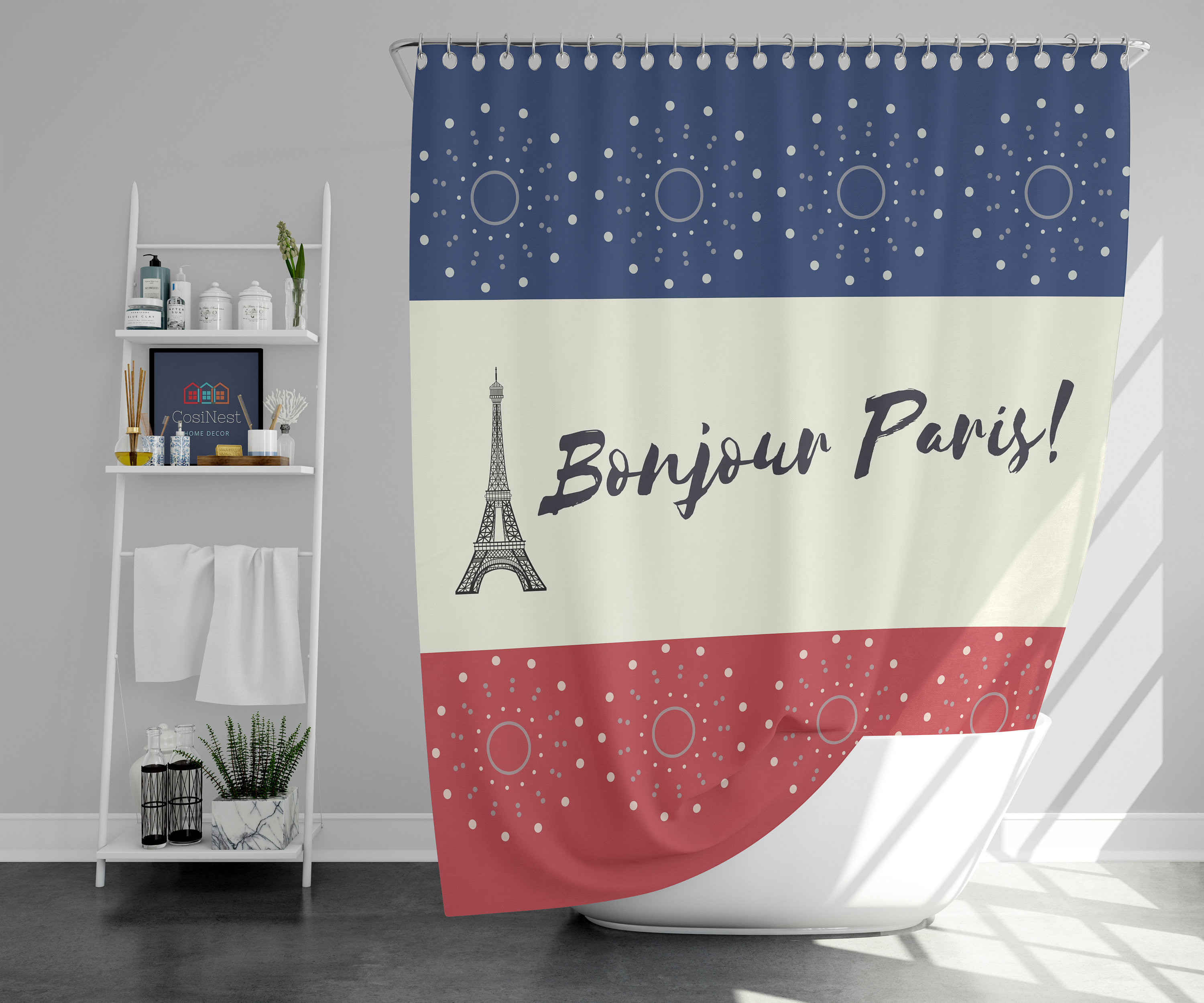Vintage Eiffel Tower Shower Curtain with France Landmark Flag Design