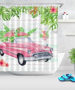 Vintage Flamingo Car Tropical Shower Curtain Bathroom Decor