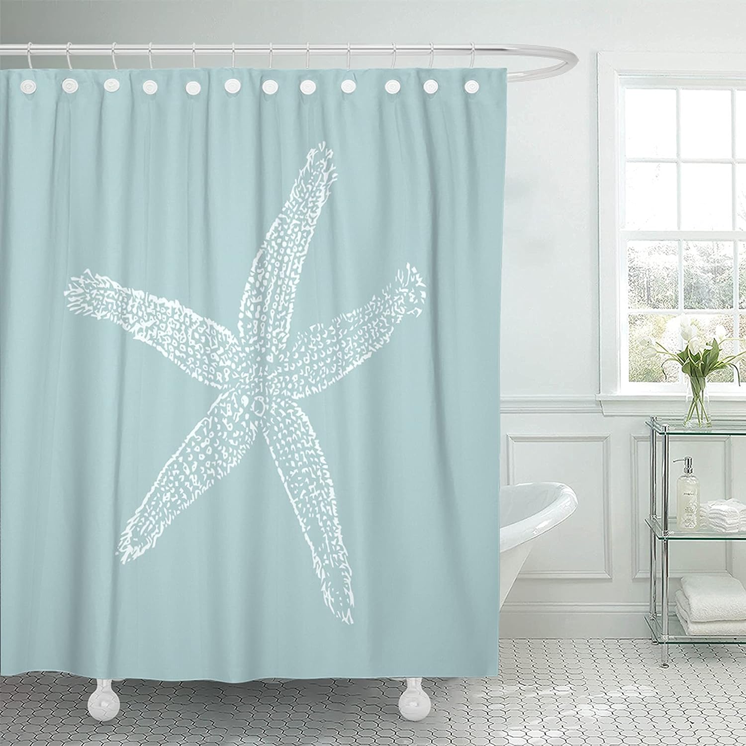 Vintage Floral Pattern Boho Shower Curtain - Abstract Design with Herbs and Wild Flowers Botanical Engraving Style for Bathroom