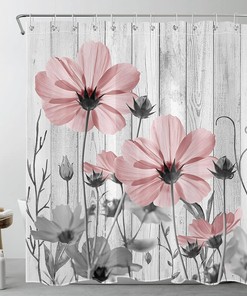 Vintage Floral Pink Shower Curtain with Rustic Farmhouse Grey Flower on Vintage Wood Boards - Wildflower Fabric Bathroom Curtain