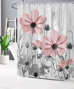 Vintage Floral Pink Shower Curtain with Rustic Farmhouse Grey Flower on Vintage Wood Boards - Wildflower Fabric Bathroom Curtain