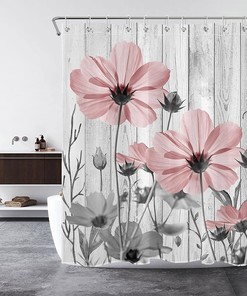 Vintage Floral Pink Shower Curtain with Rustic Farmhouse Grey Flower on Vintage Wood Boards - Wildflower Fabric Bathroom Curtain