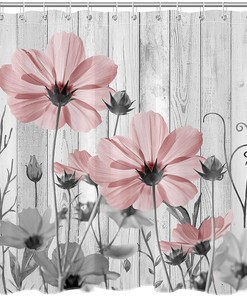 Vintage Floral Pink Shower Curtain with Rustic Farmhouse Grey Flower on Vintage Wood Boards - Wildflower Fabric Bathroom Curtain