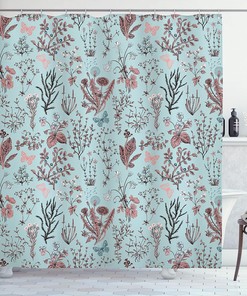 Vintage Floral Shower Curtain with Garden Illustration in Dark Sea for Home Decor