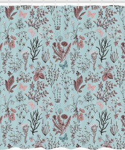 Vintage Floral Shower Curtain with Garden Illustration in Dark Sea for Home Decor