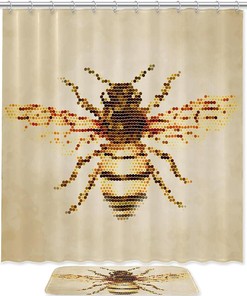 Vintage Honey Bee Fabric Shower Curtain with Absorbent Mat and Waterproof Design for Bathroom Decor 