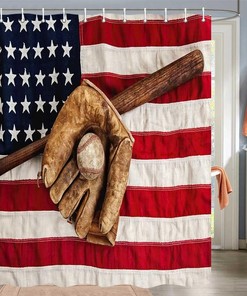 Vintage League Equipment USA Grunge Glove Bat Fielding Sports Shower Curtain for Sports Themed Bathroom Decor 