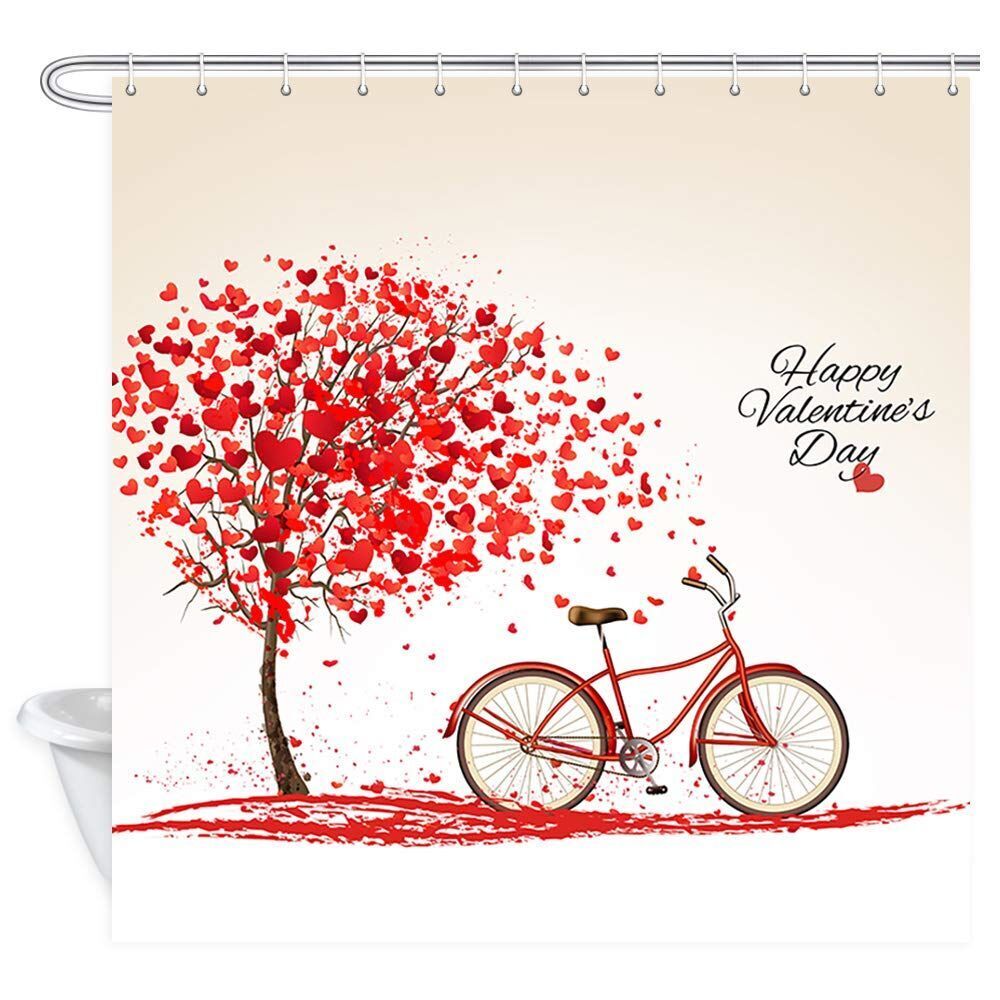 Vintage Love Bicycle Hearts Tree Shower Curtain for Retro Bathroom Decor