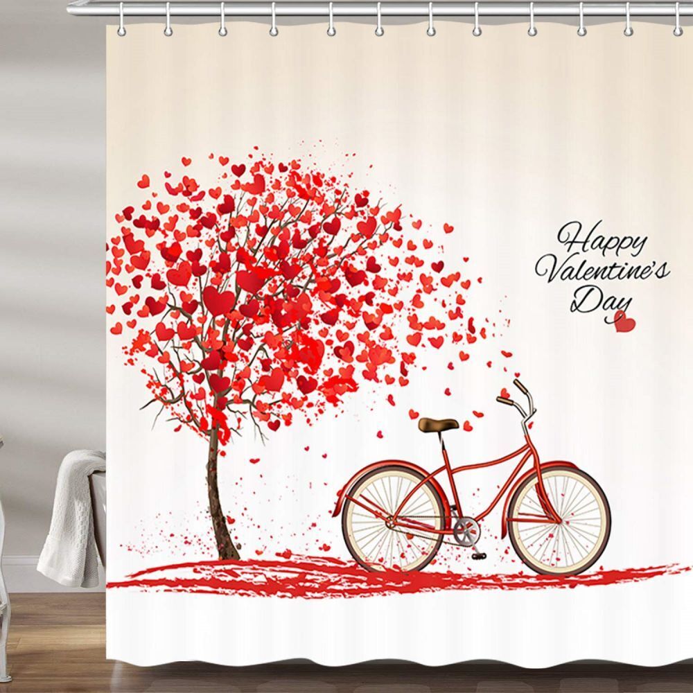 Vintage Love Bicycle Hearts Tree Shower Curtain for Retro Bathroom Decor