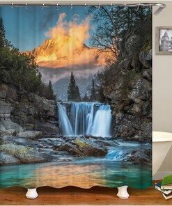Vintage Multicolored Waterfall and Mountain Shower Curtain - Waterproof Fabric 
