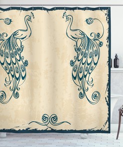 Vintage Peacock Bird Shower Curtain in Beige Teal - Perfect for Bathroom Decor