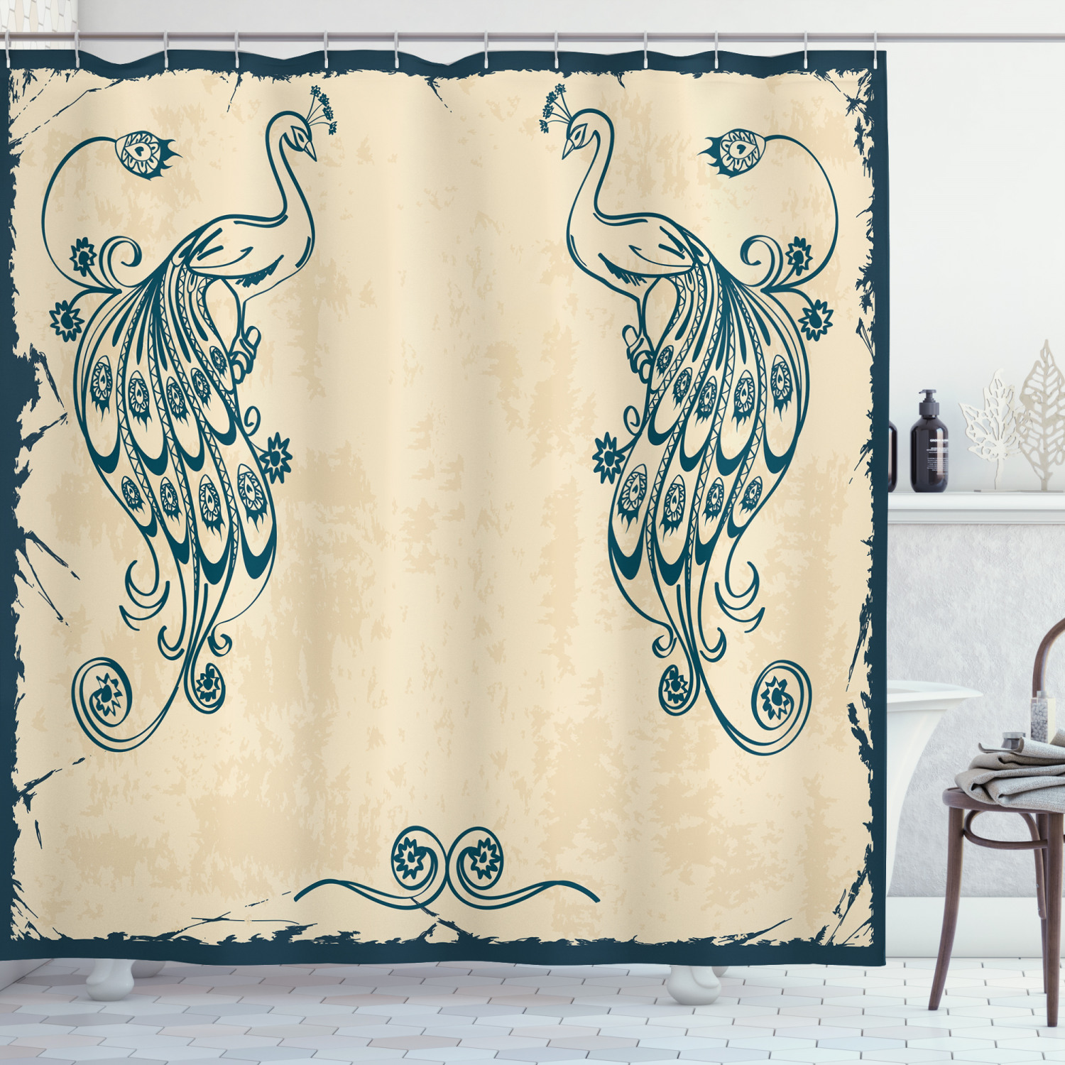 Vintage Peacock Bird Shower Curtain in Beige Teal - Perfect for Bathroom Decor