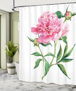 Vintage Peony Shower Curtain, Botanical Spring Garden Flower Theme Cloth Fabric Bathroom Decor