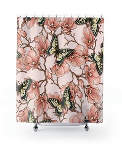 Vintage Pink Boho Butterfly Shower Curtain for Romantic Cottagecore Decor 