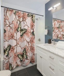 Vintage Pink Boho Butterfly Shower Curtain for Romantic Cottagecore Decor