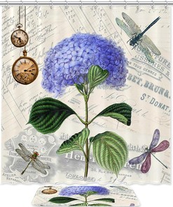 Vintage Shabby Chic Dragonflies Hydrangea Watches Shower Curtain with Microfiber Accents - Natural Bathroom Decor