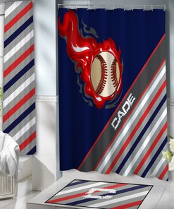 Vintage Sports Blue Baseball Shower Curtain for Kids Fabric Bathroom Decor 