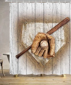 Vintage Sports Fabric Shower Curtain for Baseball Bathroom Decor 