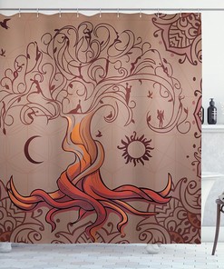 Vintage Tree of Life Dream Cloth Fabric Shower Curtain, Moon Elf on Branches Enchanted, Bathroom Decor