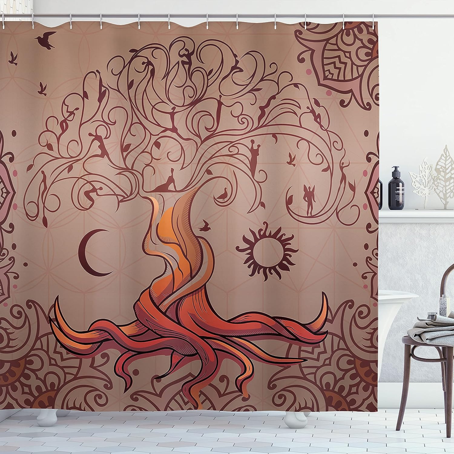 Vintage Tree of Life Dream Cloth Fabric Shower Curtain, Moon Elf on Branches Enchanted, Bathroom Decor