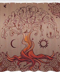 Vintage Tree of Life Dream Cloth Fabric Shower Curtain, Moon Elf on Branches Enchanted, Bathroom Decor