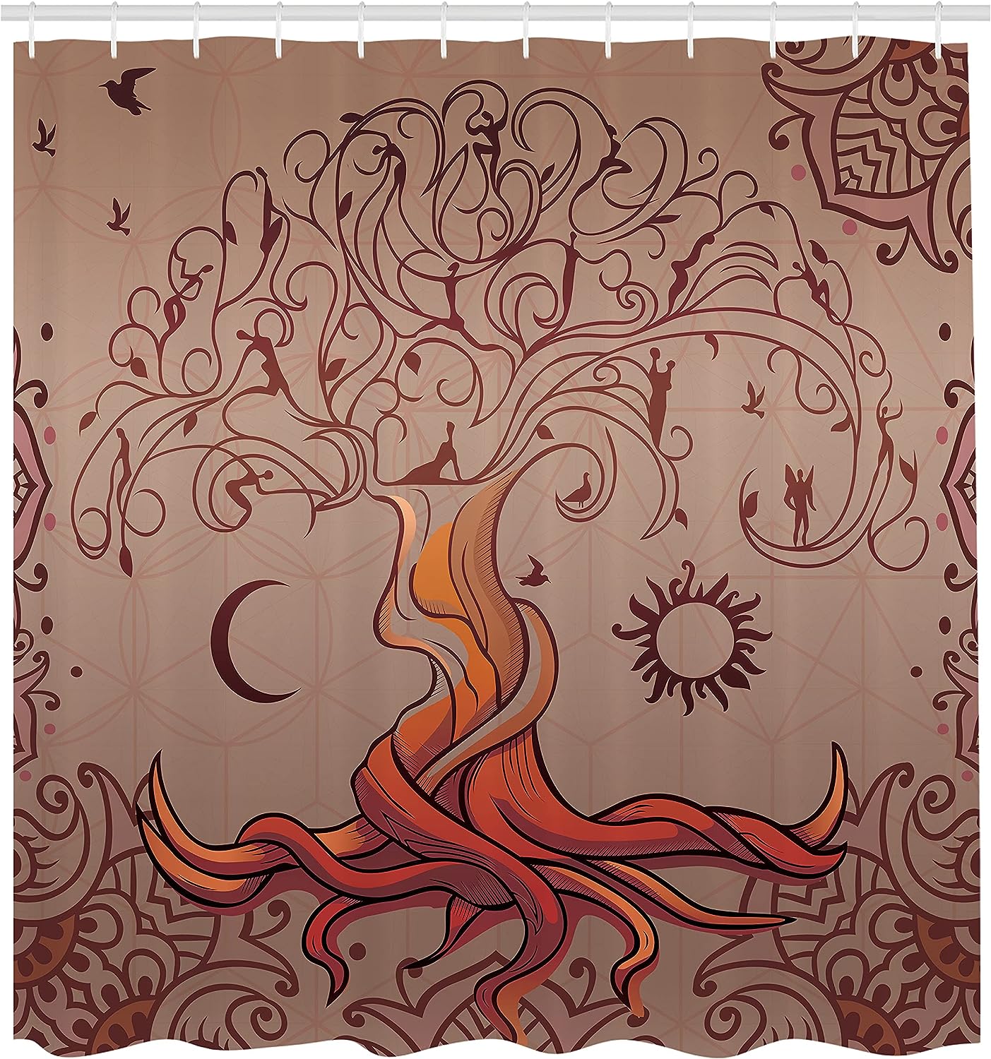 Vintage Tree of Life Dream Cloth Fabric Shower Curtain, Moon Elf on Branches Enchanted, Bathroom Decor