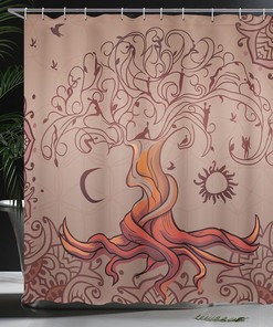 Vintage Tree of Life Dream Cloth Fabric Shower Curtain, Moon Elf on Branches Enchanted, Bathroom Decor
