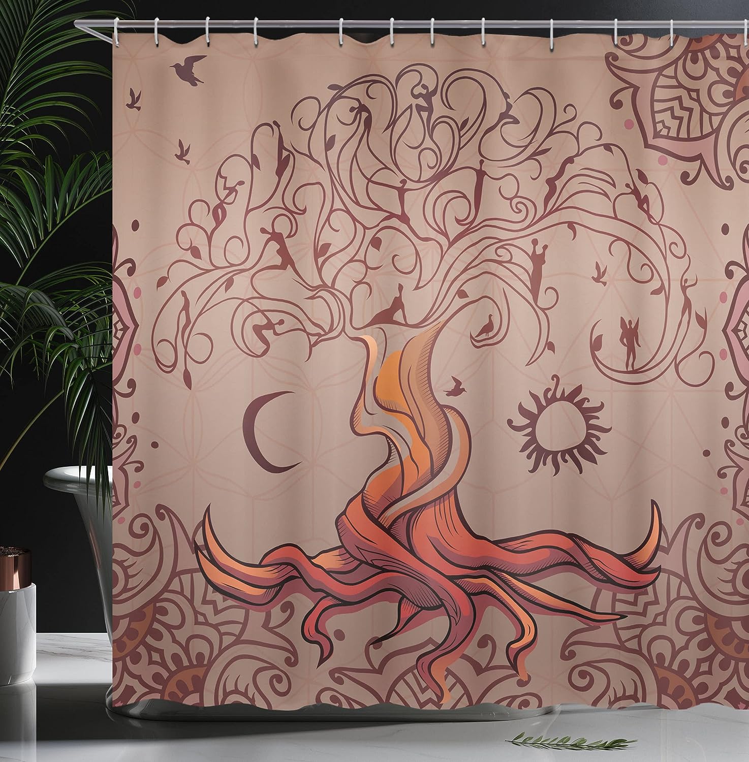 Vintage Tree of Life Dream Cloth Fabric Shower Curtain, Moon Elf on Branches Enchanted, Bathroom Decor
