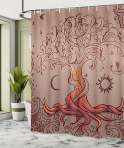 Vintage Tree of Life Dream Cloth Fabric Shower Curtain, Moon Elf on Branches Enchanted, Bathroom Decor