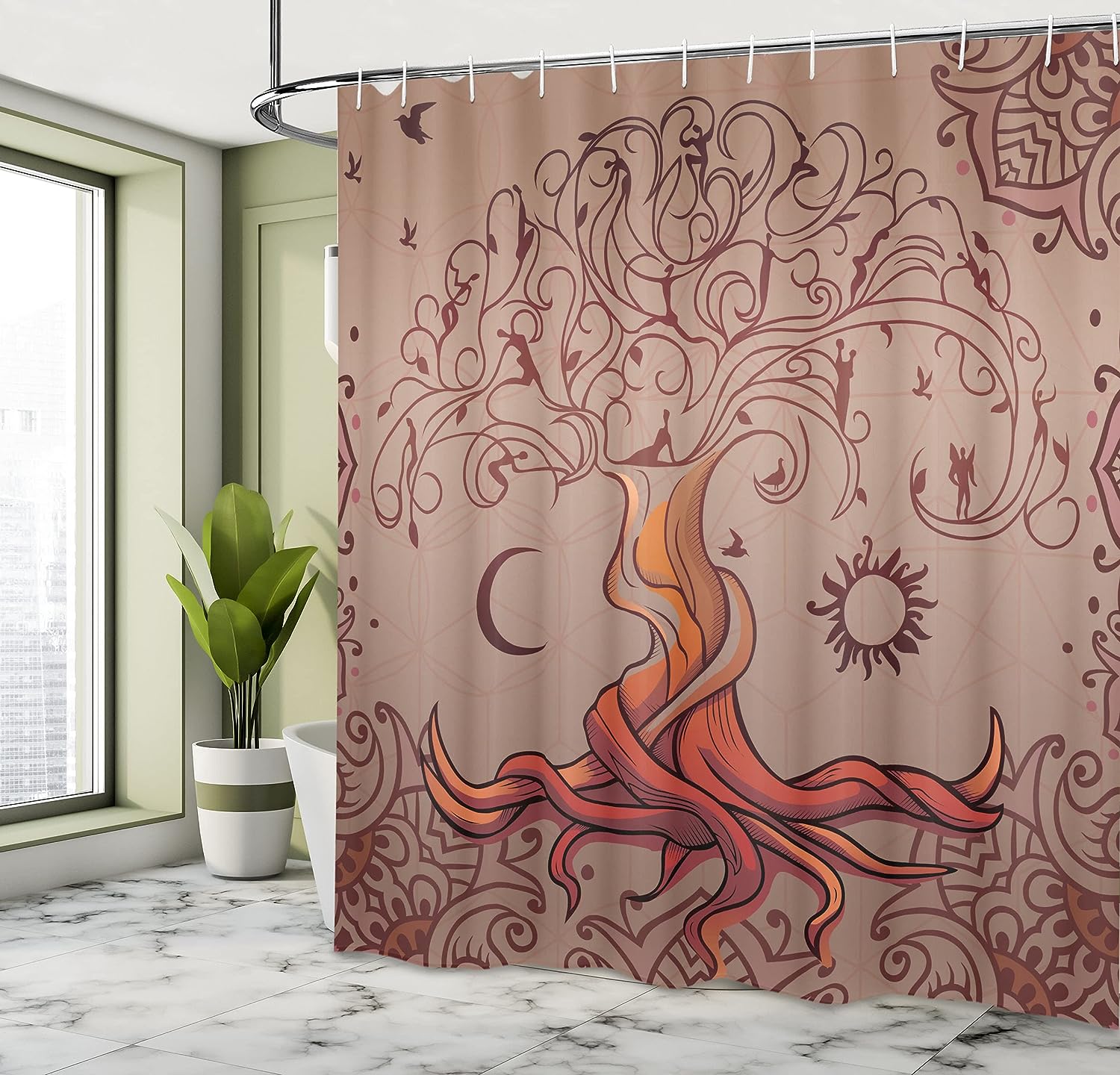Vintage Tree of Life Dream Cloth Fabric Shower Curtain, Moon Elf on Branches Enchanted, Bathroom Decor