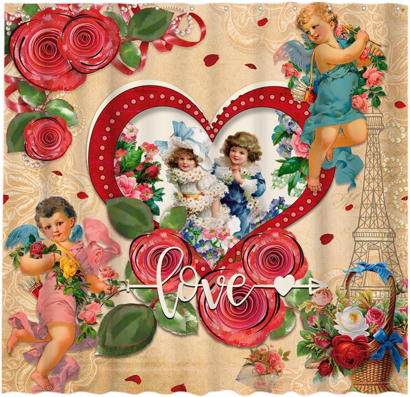 Vintage Valentine's Day Shower Curtain for Romantic Bathroom Decor