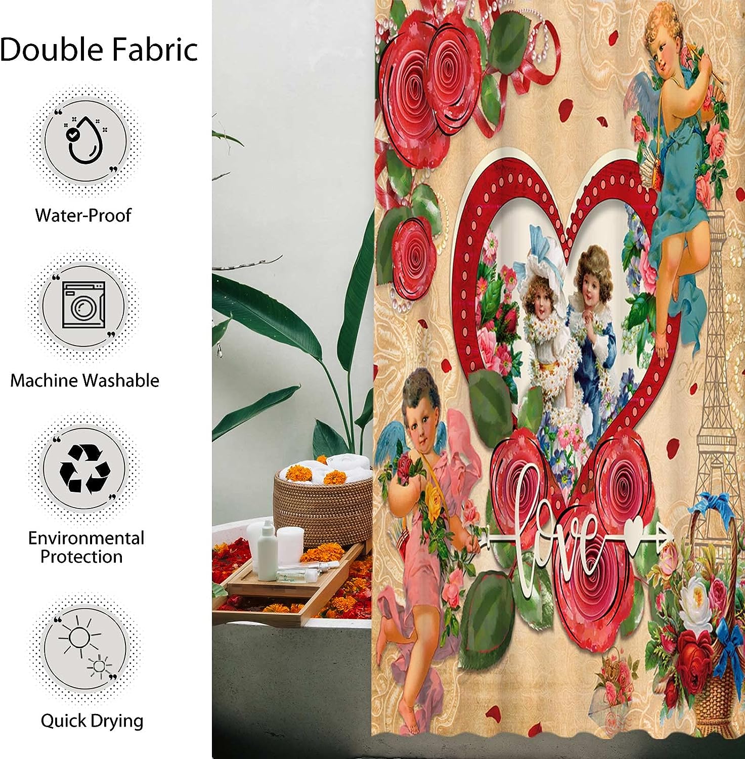Vintage Valentine's Day Shower Curtain for Romantic Bathroom Decor