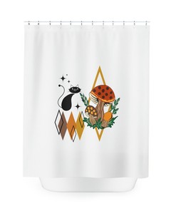 Vintage-Inspired Atomic Cat Merry Mushroom Shower Curtain for a Retro Bathroom