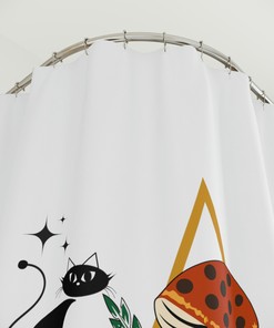Vintage-Inspired Atomic Cat Merry Mushroom Shower Curtain for a Retro Bathroom