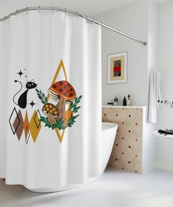 Vintage-Inspired Atomic Cat Merry Mushroom Shower Curtain for a Retro Bathroom