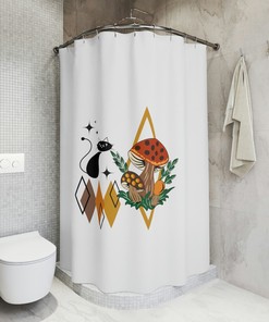Vintage-Inspired Atomic Cat Merry Mushroom Shower Curtain for a Retro Bathroom