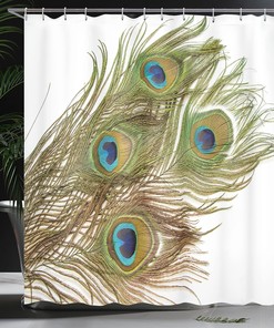 Vitality Peacock Tail Feather Shower Curtain with Awakening Print Bathroom Decor