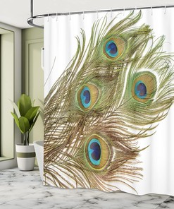 Vitality Peacock Tail Feather Shower Curtain with Awakening Print Bathroom Decor
