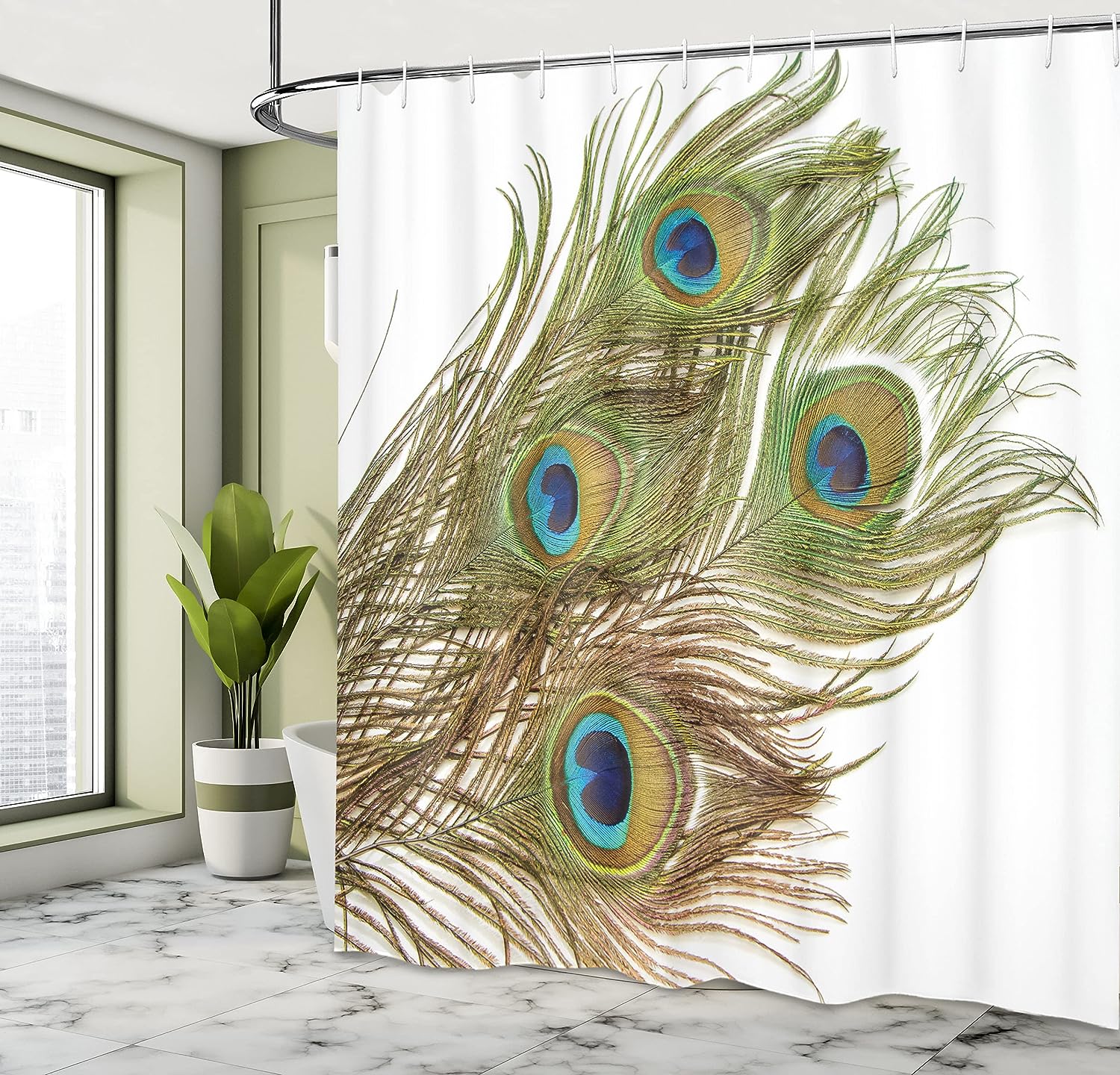 Vitality Peacock Tail Feather Shower Curtain with Awakening Print Bathroom Decor