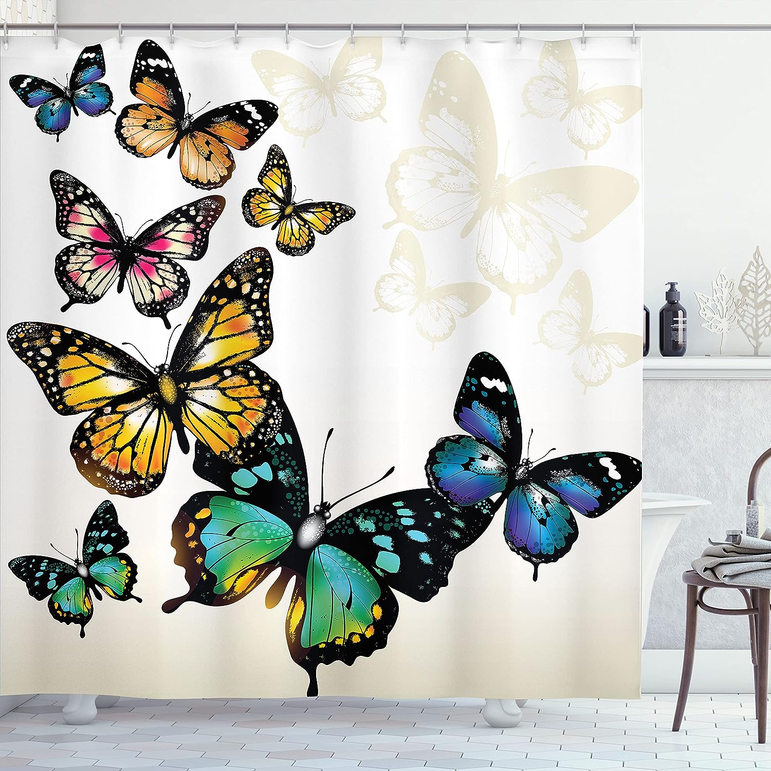 Vivid Butterfly Shower Curtain, Flying Monarchs Shades Shadows Dreamlike Fantasy Display Print for Bathroom Décor