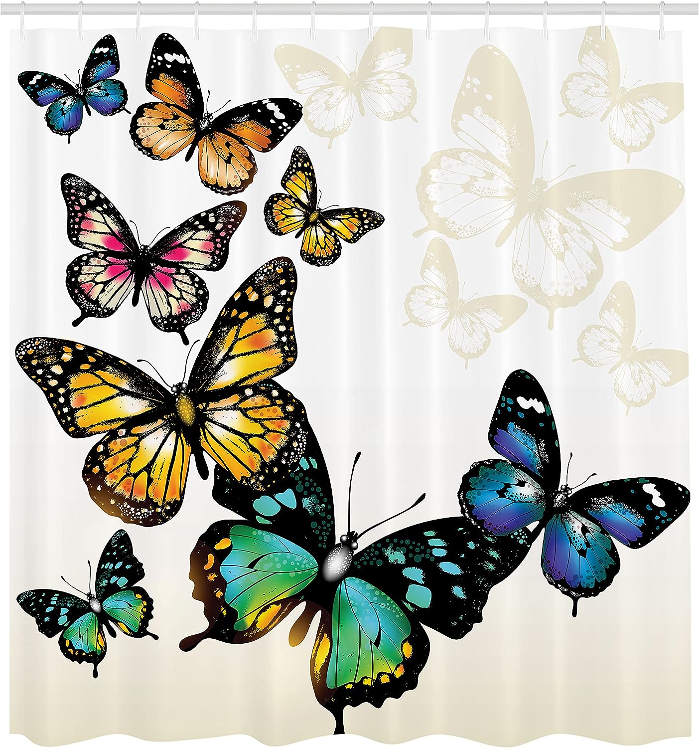 Vivid Butterfly Shower Curtain, Flying Monarchs Shades Shadows Dreamlike Fantasy Display Print for Bathroom Décor