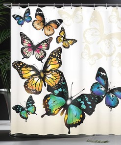 Vivid Butterfly Shower Curtain, Flying Monarchs Shades Shadows Dreamlike Fantasy Display Print for Bathroom Décor