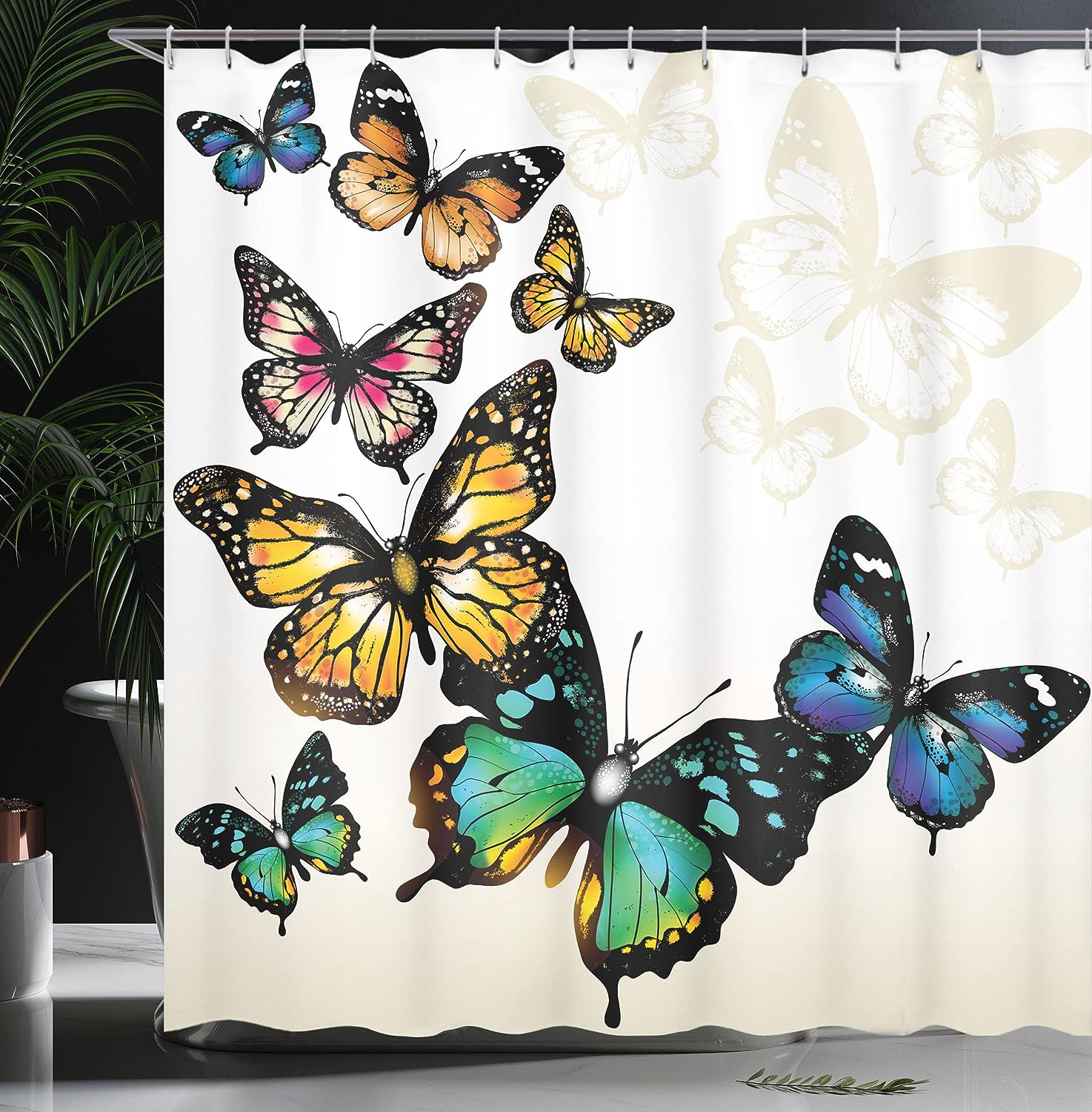 Vivid Butterfly Shower Curtain, Flying Monarchs Shades Shadows Dreamlike Fantasy Display Print for Bathroom Décor