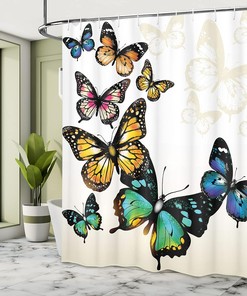 Vivid Butterfly Shower Curtain, Flying Monarchs Shades Shadows Dreamlike Fantasy Display Print for Bathroom Décor
